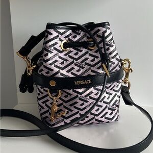 Versace La Greca Bucket Bag Black and Purple Glitter Print